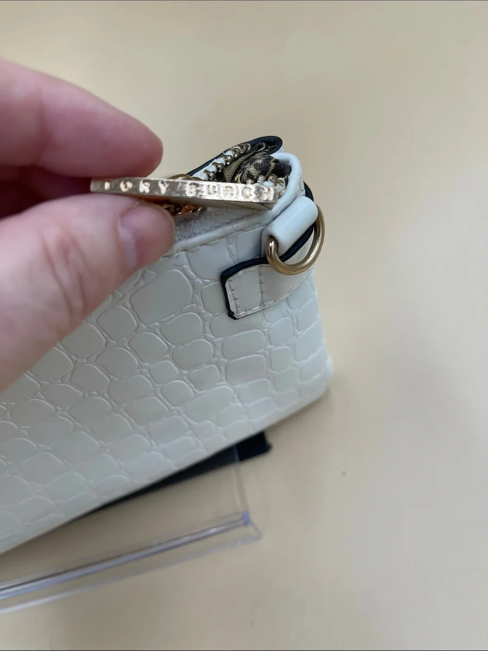 Tory Burch White Croc-Embossed Patent Pouch with Gold Logo